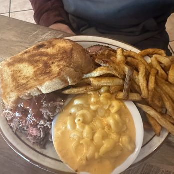 Greg's BBQ - 2 meat sampler with mac n cheese, fries. - Barbeque Near Me - Belen, New Mexico