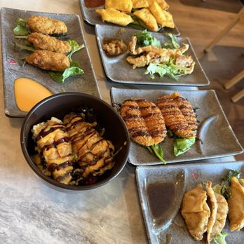 Sushi Taku - Appetizers  Top to Bottom  Left-- Fried Oysters , Jalapeño Bomb   Right-- Crab Rangoons, Soft Crab, Creamy Croquettes, Fried Gyoza - Sushi Bars Near Me - Charlotte, North Carolina