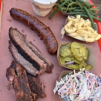 Terry Black's Barbecue - Green beans, Mac n cheese, coleslaw, pickles, jalapeño cheddar sausage, pork ribs and brisket. - Barbeque Near Me - Austin, Texas Terry Black's Barbecue - Green beans, Mac n cheese, coleslaw, pickles, jalapeño cheddar sausage, pork ribs and brisket. - Barbeque Near Me - Austin, Texas