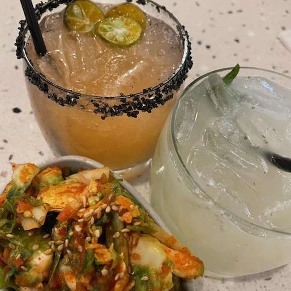 Piko Kitchen + Bar - Mixed Plate Margarita (LR), Shiso Smash (R), Brussels Sprout Kim Chee (F) - Cocktail Bars Near Me - Honolulu, Hawaii