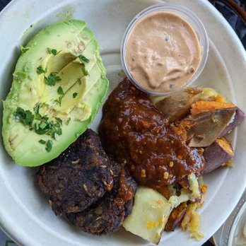 Kitchen Mouse Cafe - Build your own bowl- sweet potato, regular potato, mushroom sausage (fantastic flavors) and avocado with a side of chipotle and salsa roja. - Vegan Near Me - Los Angeles, California Kitchen Mouse Cafe - Build your own bowl- sweet potato, regular potato, mushroom sausage (fantastic flavors) and avocado with a side of chipotle and salsa roja. - Vegan Near Me - Los Angeles, California