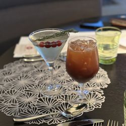 The Snow Queen (left) and a mock Red ... something (right), both seasonal cocktails.