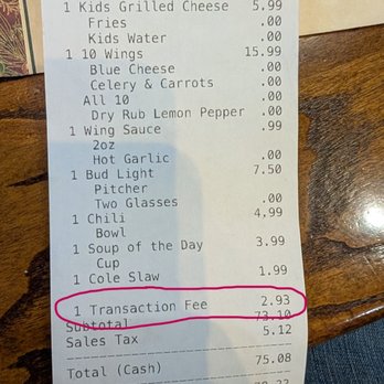 Papa Bees - Receipt showing transaction fee for using debit card. - Chicken Wings Near Me - Longwood, Florida Papa Bees - Receipt showing transaction fee for using debit card. - Chicken Wings Near Me - Longwood, Florida
