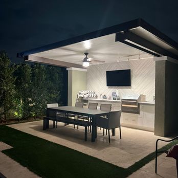 Michelle Duncan Designs - Full Patio Cover with BBQ and media wall. Outdoor Kitchen - Landscape Architects or Designers Near Me
