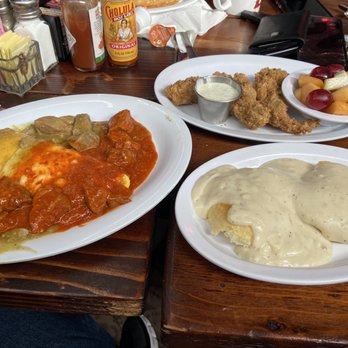 Donna Kaye's Cafe - I had the divorced omelette, chicken strips, fruit, and biscuits and gravy - American Near Me - Bakersfield, California Donna Kaye's Cafe - I had the divorced omelette, chicken strips, fruit, and biscuits and gravy - American Near Me - Bakersfield, California