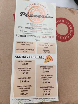 Menu photo 2 Italian Express Pizzeria Houston, TX Menu photo 2 Italian Express Pizzeria Houston, TX