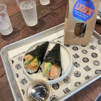 B-Side - Spicy Scallop & Salmon Tuna hand rolls plus Liger's choco chip cookies - Sushi Bars Near Me - Miami, Florida