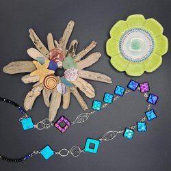 Coastal Craft Gallery - Barbara Ehle seashore wreath, Theresa Harriman pottery, Elizabeth Best dichroic glass necklace
