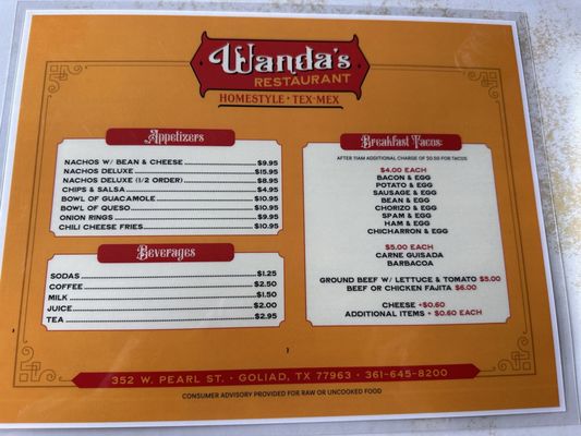 Menu photo 1 Wanda’s Restaurant Goliad, TX