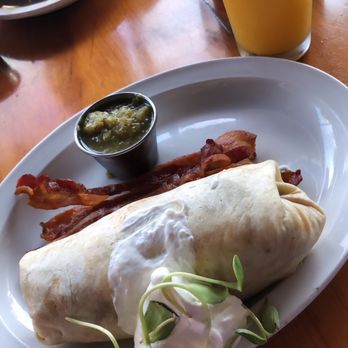 Ria's Bluebird - Bluebird Burrito with bacon and sauce on the side. - Southern Near Me - Atlanta, Georgia