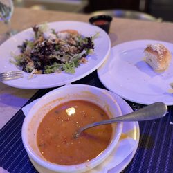 Pasta soup rolls and salad