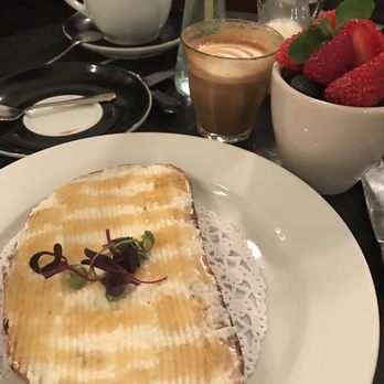 Kobrick Coffee - Ricotta and honey tartine with berries and a cortado- yum! - Cocktail Bars Near Me - New York, New York