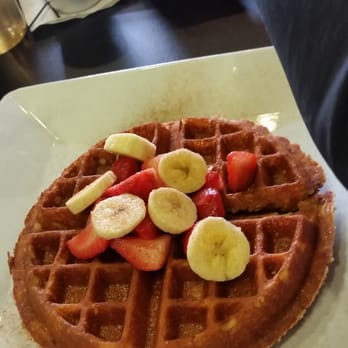Waffles Incaffeinated - South Side - Gluten free waffle with pecans, peanut butter chips, cinnamon, Strawberry & bananas. Top with the bourbon maple syrup!! - Breakfast & Brunch Near Me - Pittsburgh, Pennsylvania