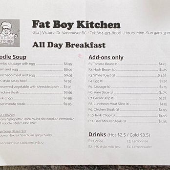 Fat Boy Kitchen - All Day Breakfast menu as of 2021-July-18. 1 of 2. - Hong Kong Style Cafe Near Me - Vancouver, British Columbia