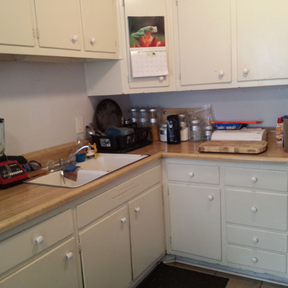 Original kitchen setup - yes that is ALL the countertop! Sink has been removed and all plumbing on that side capped off. Original kitchen setup - yes that is ALL the countertop! Sink has been removed and all plumbing on that side capped off.