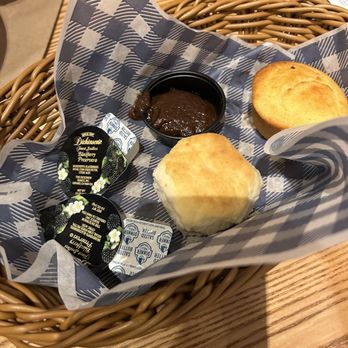 Cracker Barrel Old Country Store - 1 biscuit and 1 cornbread muffin with blackberry jam and apple butter - Southern Near Me - Morton, Illinois Cracker Barrel Old Country Store - 1 biscuit and 1 cornbread muffin with blackberry jam and apple butter - Southern Near Me - Morton, Illinois
