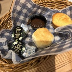 Cracker Barrel Old Country Store - 1 biscuit and 1 cornbread muffin with blackberry jam and apple butter
