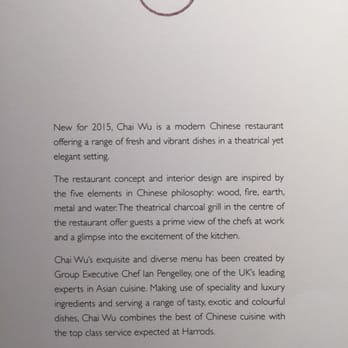 Chai Wu - The restaurant philosophy in their frony page menu - Chinese Near Me - Knightsbridge, XGL