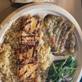 Rosewater Middle Eastern Grill - Paneer and rice, eggplant salad and greens. - Middle Eastern Near Me - Pittsburgh, Pennsylvania