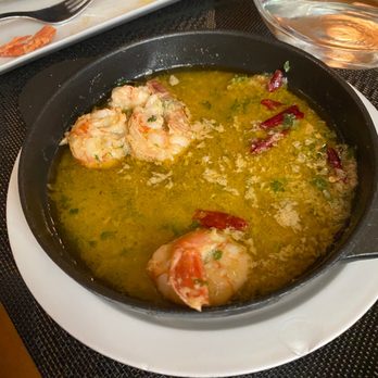 El Sur - Gambónes al Ajillo (Shrimp in Sizzling Garlic Oil, €12.90) - again, my family couldn't resist taking some before I got a pic! - Tapas Bars Near Me - Madrid, M