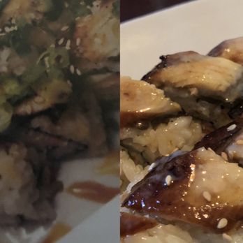 Yoko Sushi - What the advertisement looks like on the left and the plain bland food that arrives at your table on the right. - Japanese Near Me - Roseville, California