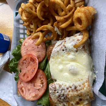 Bill's Seafood Restaurant - Broiled Cajun Mahi Mahi sandwich with provolone+tomato+lettuce.  Curly fries extra but it includes regular fries :) - Seafood Near Me - Westbrook, Connecticut