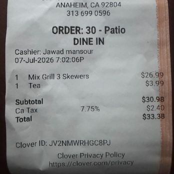 Kababji Grill - Receipt - Mediterranean Near Me - Anaheim, California Kababji Grill - Receipt - Mediterranean Near Me - Anaheim, California