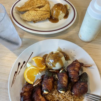 River Hills Seafood & Steak Restaurant - Fried Catfish w/salad and One Side .. $12.99 ....... 6 Jalapeño stuffed Bacon Wrapped Shrimp w/salad and Two Sides .. $14.99 - Seafood Near Me - Sealy, Texas River Hills Seafood & Steak Restaurant - Fried Catfish w/salad and One Side .. $12.99 ....... 6 Jalapeño stuffed Bacon Wrapped Shrimp w/salad and Two Sides .. $14.99 - Seafood Near Me - Sealy, Texas