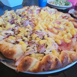We ordered half BBQ chicken (added bacon & pineapple) and half Hawaiian.