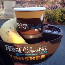 The finishers mug complete with a cup of hot chocolate and some treats to dip in chocolate