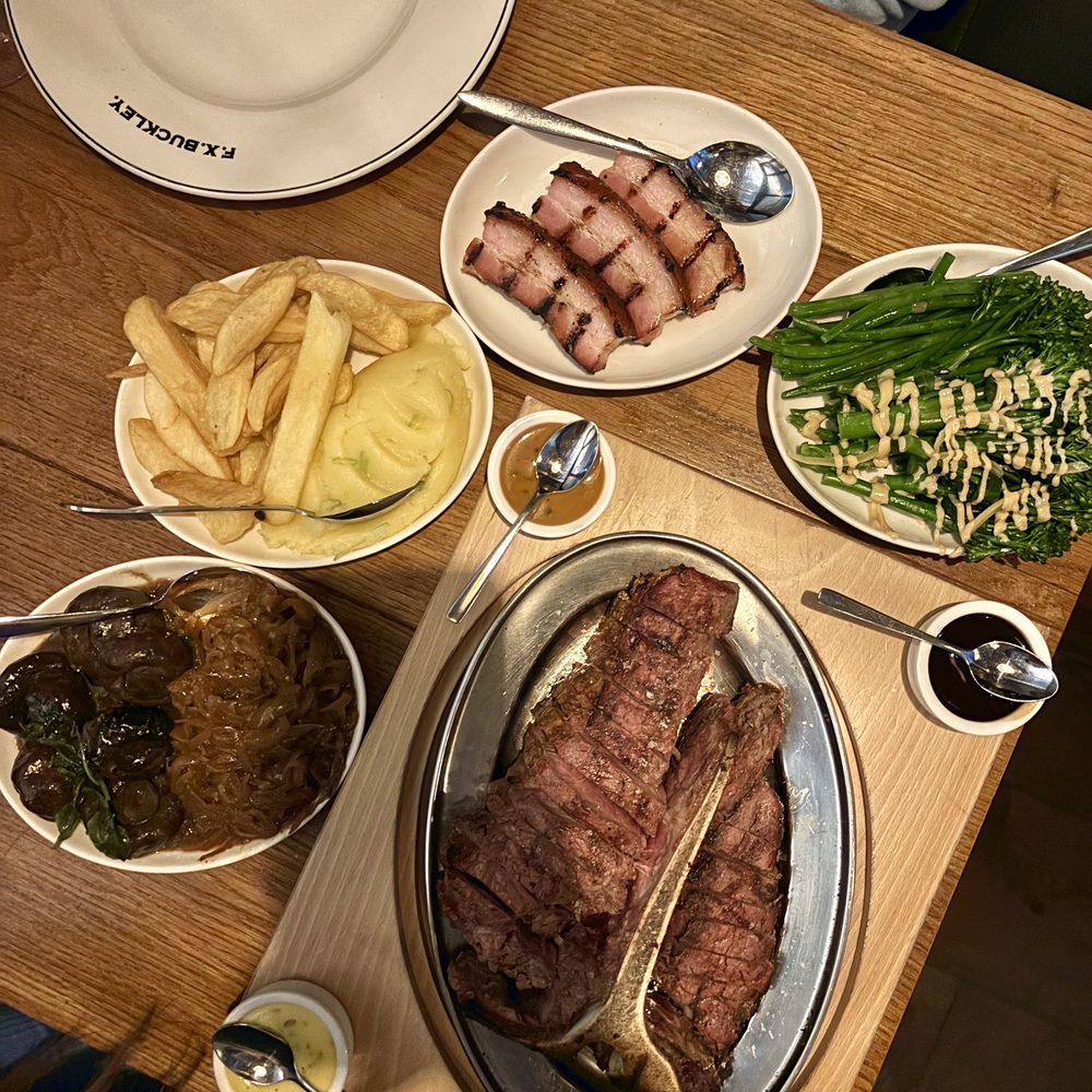 F.X.Buckley - Porterhouse Steak with mushrooms, onions, mashed potatoes, chips/fries, green beans, and broccolini. Extra side of Sugar Pit Bacon. - Steakhouses Near Me - Dublin, D