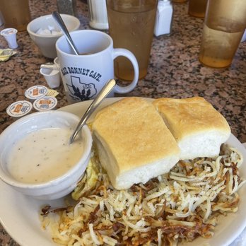 Blue Bonnet Cafe - Omelette with sausage and cheese (added spinach, tomato, and mushrooms), hash browns, and biscuits - Desserts Near Me - Marble Falls, Texas Blue Bonnet Cafe - Omelette with sausage and cheese (added spinach, tomato, and mushrooms), hash browns, and biscuits - Desserts Near Me - Marble Falls, Texas