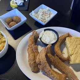 Mac & Cheese, Hush Puppies, Cole Slaw, Cornbread, and Cod Strips