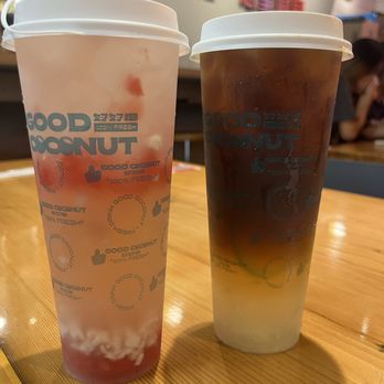 Good Coconut - On the left is a coconut and watermelon refresher. On the right is a Americano made with coconut water and lime. - Bubble Tea Near Me - Flushing, New York Good Coconut - On the left is a coconut and watermelon refresher. On the right is a Americano made with coconut water and lime. - Bubble Tea Near Me - Flushing, New York