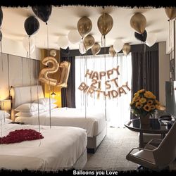Balloons You Love - 21st Birthday hotel room decor