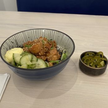 Cafe Yoto - Karaage Donburi with a side of pickled jalapeños - Japanese Near Me - Minneapolis, Minnesota