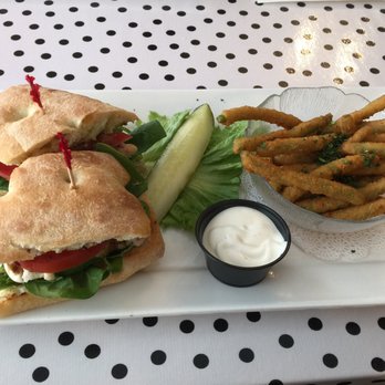 Trendy's - Chicken Caprese Sandwich with green bean fries. - Breakfast & Brunch Near Me - Redding, California