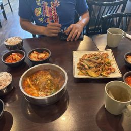 Beef soup, squid, sides Beef soup, squid, sides