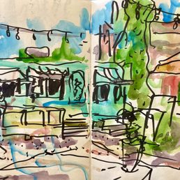 Sketch from outside courtyard table looking towards the coffee trailer with spring plants, umbrella tables and overhead string lights Sketch from outside courtyard table looking towards the coffee trailer with spring plants, umbrella tables and overhead string lights