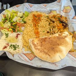 Shawarma House - "All in Chicken" Shawarma plate with excellent flavored rice, salad, baba ganoush (can also choose hummus), and pita.