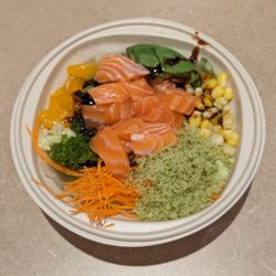 My Sushi - Salmon poke bowl on salad with teriyaki sauce. It's a regular.
