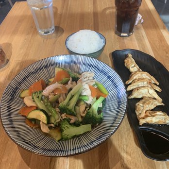 Silk Elephant - Mixed veggies, white rice and potstickers. - Thai Near Me - Ankeny, Iowa