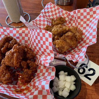bb.q Chicken Katy - Secret Spicy BBQ Chicken Meal (left) and Soy Garlic BBQ Chicken Meal (right) with white reddish - Chicken Shop Near Me - Katy, Texas