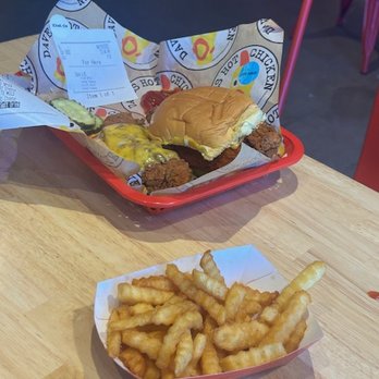 Dave's Hot Chicken - Chicken slider and finger with cheese and fries. - Chicken Shop Near Me - Las Vegas, Nevada Dave's Hot Chicken - Chicken slider and finger with cheese and fries. - Chicken Shop Near Me - Las Vegas, Nevada