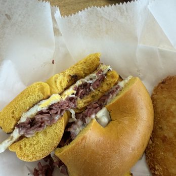 Benson's Bagels - Pastrami Egg and cheese on an egg bagel - Bagels Near Me - Enfield, Connecticut Benson's Bagels - Pastrami Egg and cheese on an egg bagel - Bagels Near Me - Enfield, Connecticut