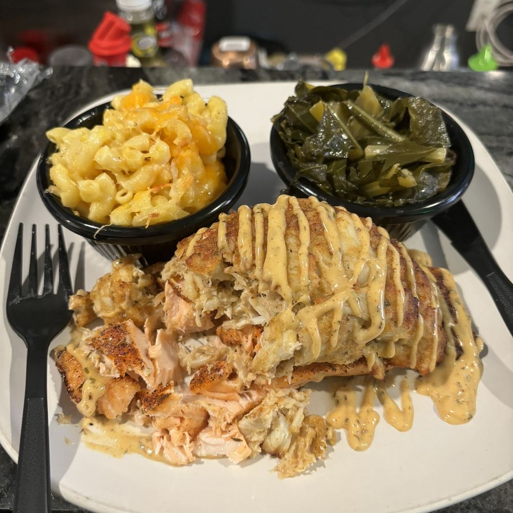 England Eatery - Crab stuffed Salmon w/Mac N Cheese & Greens. - Soul Food Near Me - Baltimore, Maryland England Eatery - Crab stuffed Salmon w/Mac N Cheese & Greens. - Soul Food Near Me - Baltimore, Maryland