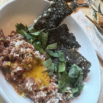 Win Son - wagyu tartare toban djan, fried seaweed + egg yolk - Taiwanese Near Me - Brooklyn, New York