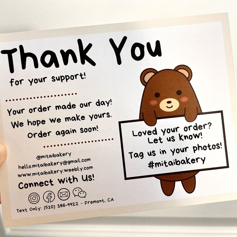 Mitai Bakery - a thank card for a customer - Desserts Near Me Mitai Bakery - a thank card for a customer - Desserts Near Me