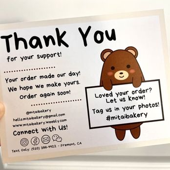 Mitai Bakery - a thank card for a customer - Desserts Near Me