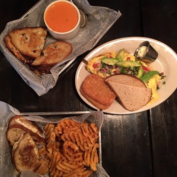 The Committed Pig - Great place for brunch with friends! Bottom left the fig-n-brie with waffle fries Up top the melvin with tomato soup To the right the avocad - Breakfast & Brunch Near Me - Morristown, New Jersey